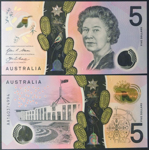 2016 Australia $5 Stevens/Fraser (First prefix) Unc L000370